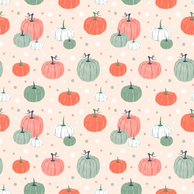 Renkli balkabaklarının ve beneklerin kusursuz deseni. Pastel arka planda düz bir şekilde vektör illüstrasyonu. Cadılar Bayramı, Şükran Günü, hasat, sonbahar kumaşı, ambalaj, ambalaj kağıdı
