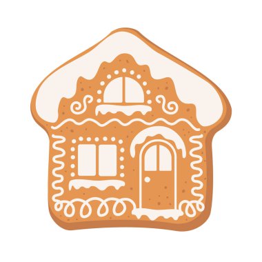 Süslü, tatlı jöleli ve kremalı zencefilli ev kurabiyesi. Beyaz arkaplanda izole edilmiş vektör düz çizim tasarımı. Geleneksel Noel kurabiyeleri ev yapımı zencefilli kurabiye.