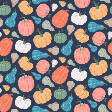 Lacivert arka planda renksiz balkabağı deseni düz bir şekilde vektör illüstrasyonu. Cadılar Bayramı, Şükran Günü, hasat, sonbahar kumaşı, ambalaj, ambalaj kağıdı, duvar kağıdı tasarımı