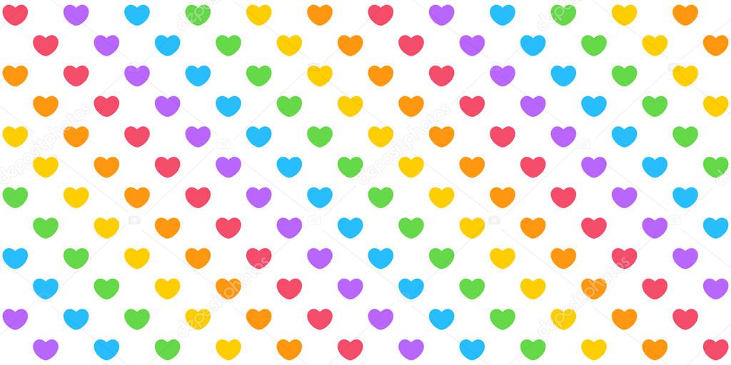 Cute seamless pattern of rainbow colored hearts on white background. Colorful and bright repeating pattern design. Vector illustration.