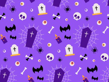 Tabut, mezar taşı, yarasa, kafatası, kemikler, menekşe arka planda örümcek ağı ve gözleri olan ürkütücü Cadılar Bayramı Kusursuz Deseni. Tekrarlanan yazdırmalı vektör illüstrasyonu. Minimalist düz stil