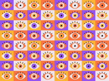 Renkli geometrik arka planda, tuhaf soyut gözlerden oluşan, modaya uygun, kusursuz bir model. Korkunç Cadılar Bayramı Partisi, Korkunç Tatil Tasarım Konsepti. Minimalist düz stilde Vektör Resimleri.