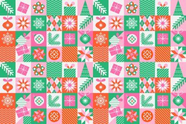 Kare simge elementleri ile noel geometrik kusursuz desen. Düz minimalist tarzda modaya uygun soyut tasarım. Kumaş, tekstil, ambalaj kağıdı ve pankart için vektör illüstrasyonu.