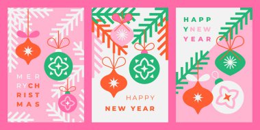 Noel ve Yeni Yıl tebrik kartları ve Noel ağacı süslemeleri. Kış tatili. Minimalist tarzda modaya uygun geometrik tasarım. Kapak, pankart, tebrik kartı için vektör illüstrasyonu.