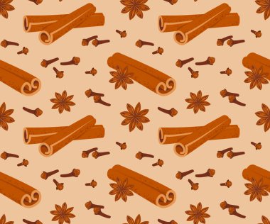 Tarçın çubukları, kurutulmuş karanfil ve yıldız anason desenli kusursuz desen. Tatlı yemek ve fırın baharatları. Moda minimalist çizgi film tarzında vektör illüstrasyonu