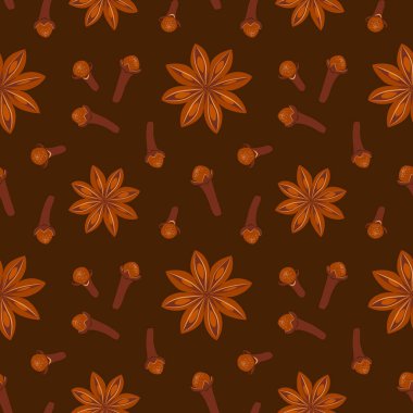 Kurumuş karanfil tohumları ve kahverengi arka planda yıldız anason deseni. Tatlı yemek ve fırın baharatları. Moda çizgi film düz tarzında vektör illüstrasyonu
