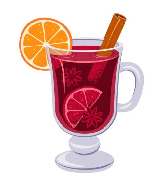 Portakal dilimli sıcak şarap, tarçın çubuğu ve badian, yıldız anason. Şeffaf beyaz arka planda izole edilmiş sıcak baharatlı içecek. Düz biçimli Vektör İllüstrasyonu