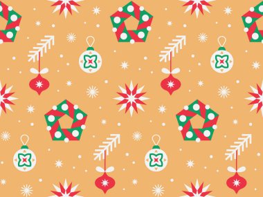 Kusursuz desenli Noel ağacı süslemeleri ve altın rengi arka planda Noel çelengi. Düz stil olarak soyut geometrik tasarım. Kumaş, tekstil, ambalaj kağıdı ve pankart için vektör illüstrasyonu