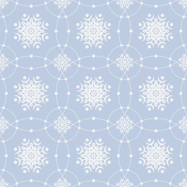 Gri arka planda daireler çizen sevimli beyaz kar taneleri olan kusursuz bir desen. Noel tasarımı, duvar kağıdı, afiş, tekstil, ambalaj kağıdı için düz bir illüstrasyon.