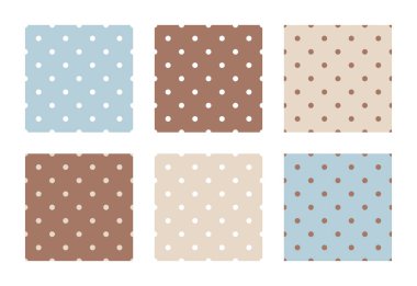 Noktasız desenler koleksiyonu. Geometrik noktalı bej, mavi ve moka renkli arka planlar. Polka Noktaları tekstil tasarımı, duvar kağıdı, ambalaj kağıdı