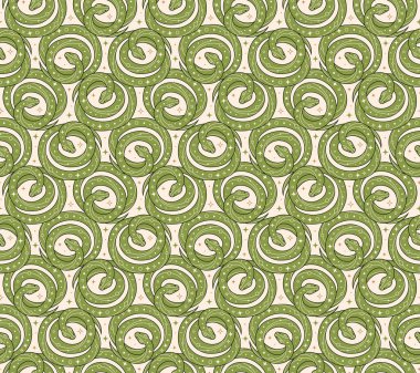 Yeşil sarmalanmış yılanların kusursuz deseni ve soyut Y2K figürleri, yıldızlar... Kumaş tasarımı, ambalaj, astroloji, ambalaj kağıdı için mükemmel. Düz biçimli Vektör İllüstrasyonu