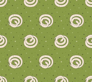 Yeşil arka planda sarmalanmış yılanın kusursuz deseni. Kumaş tasarımı, ambalaj, astroloji, ambalaj kağıdı için mükemmel. Düz biçimli Vektör İllüstrasyonu