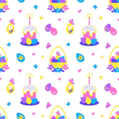 Paskalya pastası, beyaz arka planda renkli yumurta sepeti ve kelebekler. Modern düz stil vektör illüstrasyonu, Paskalya tasarımı için harika, paketleme