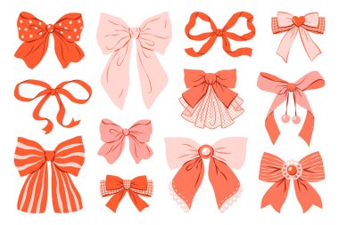 Şirin pembe ve kırmızı kurdele koleksiyonu. Moda saç örgüsü aksesuarı. Kutlama paketleri, doğum günü tasarımları ve tebrik kartları için mükemmel. El çizimi vektör illüstrasyonu.