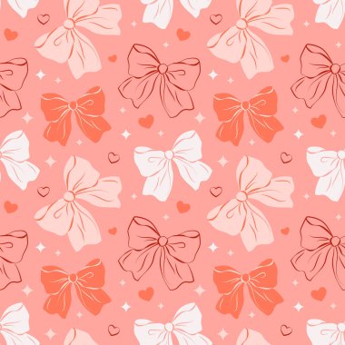 Coquette pembe arka planda pürüzsüz bir desen çiziyor. El çizimi vektör çizimi. Düğün, bayram, parti dekorasyonu, hediye, hediye konsepti için şirin bir tasarım..