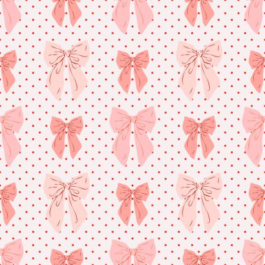 Noktalı beyaz arka planda pembe fiyonklu kusursuz desen. El çizimi vektör çizimi. Düğün, bayram, parti dekorasyonu, hediye, hediye konsepti için şirin bir tasarım..