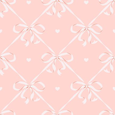 Pembe arka planda şirin beyaz kurdeleli pembesiz fiyonk deseni. El çizimi vektör çizimi. Düğün tasarımı, parti dekorasyonu, hediye paketleme kağıdı ve tekstil için mükemmel.