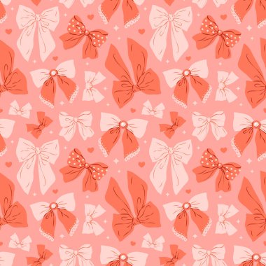 Pembe arka planda çeşitli kırmızı ve pembe fiyonkları olan kusursuz bir çift yumurta deseni. El çizimi vektör çizimi. Düğün, bayram, parti dekorasyonu, hediye, hediye konsepti için şirin bir tasarım..