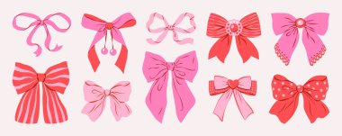 Şirin pembe kurdele seti. Moda saç örgüsü aksesuarı. Kutlama paketleri, doğum günü tasarımları ve tebrik kartları için mükemmel. El çizimi vektör illüstrasyonu.