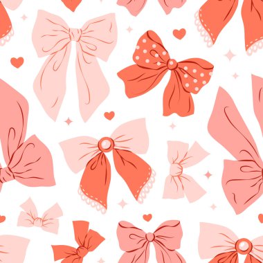 Beyaz arka planda kırmızı ve pembe fiyonklu kusursuz çiftleşme deseni. El çizimi vektör çizimi. Düğün, bayram, parti dekorasyonu, hediye, hediye konsepti için şirin bir tasarım..