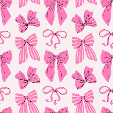 Pastel arka planda kırmızı ve pembe fiyonklu çiftleşmemiş desen. El çizimi vektör çizimi. Düğün, bayram, parti dekorasyonu, hediye, hediye konsepti için şirin bir tasarım..