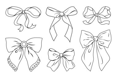 Boyama kitabı için el yapımı fiyonklar. Siyah çizgili beyaz tasarım elementleri. Kutlama, doğum günü partisi dekorasyonu, boyama kitabı ya da tebrik kartları için mükemmel. Vektör illüstrasyonu şeffaf arkaplanda izole edildi