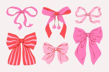 Şirin pembe kurdele seti. Moda saç örgüsü aksesuarı. Kutlama paketleri, doğum günü tasarımları ve tebrik kartları için mükemmel. El çizimi vektör illüstrasyonu.