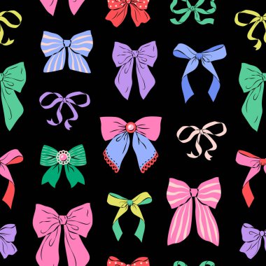 Renkli kurdele siyah arkaplanda pürüzsüz bir desen oluşturuyor. Moda saç örgüsü aksesuarı. Vektör çizimi. Düğün tasarımı, parti dekorasyonu, hediye paketleme kağıdı ve tekstil için mükemmel.