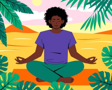 Afro-Amerikalı siyahi adam açık havada meditasyon yapıyor. Çölde palmiye yapraklarıyla vaha. Toga pratik konsepti. Sağlıklı yaşam tarzı, aktif eğlence.