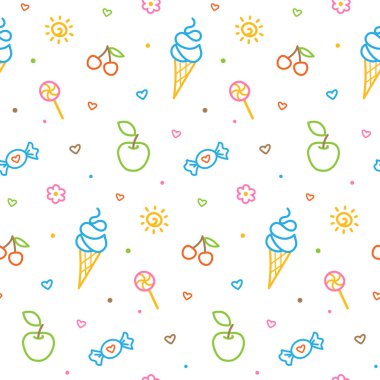 Renkli çocuk çizimleri olan kusursuz bir yaz karalaması. Eğlenceli ikonlar, çocuksu dondurma çizimleri, şeker, elma, kiraz, beyaz arka planda izole güneş.