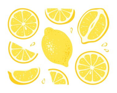 Sarı tam limon, limon dilimleri ve şeffaf arka planda izole edilmiş limon dilimleri. Taze narenciye. Limonata yapmak için gerekli malzemeler. C vitamini sağlıklı yiyecekler. Düz bir şekilde elle çizilmiş canlı çizim