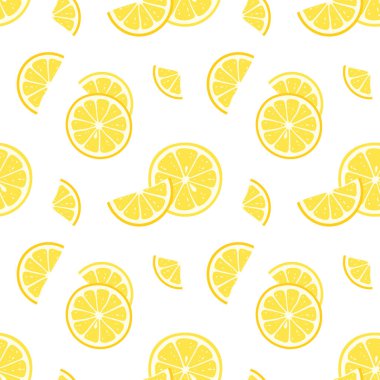 Beyaz arka planda limonsuz desen. Yaz mutfağı kumaşı, ambalaj ve organik tema için parlak sarı turunçgil tasarımı. Düz biçimli vektör illüstrasyonu