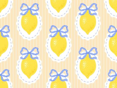 Garip çerçeveli limonlar ve çizgili arka planda fiyonklar olan klasik dikişsiz desenler. Yaz Akdeniz baskısı. İtalyan tatil havası. Vektör el çizimi resimleme