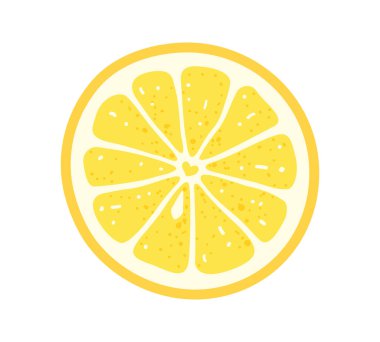 Düz dilimli taze limon dilimi. Beyaz arkaplanda izole tasarım unsuru kozmetik ve yiyecek paketleme tasarımı için vektör illüstrasyonuName.