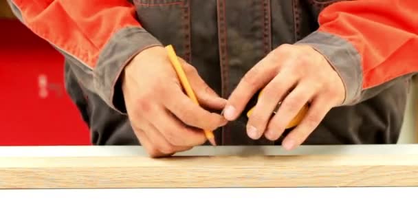 Homem Que Trabalha Com Madeira Carpinteiro Oficina Madeira Trabalho Serra — Vídeo de Stock