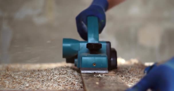 Close Shot Workers Hands Polishing Wood Machine Planer Who Uses — Stock Video