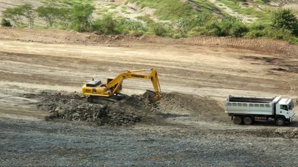 Excavator Landscape Working Dump Truck Digging Limestone Road Construction Site — Stock Video