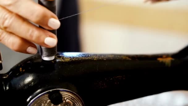 Close Vintage Old Sewing Machine Grunge Black Dressmaker Working Concept — Stock Video