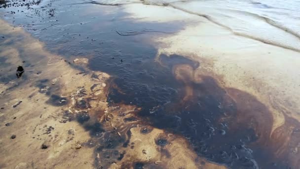 Пляжное Загрязнение Нефтью Загрязнение Нефти Утечки Море Загрязненная Вода Морской — стоковое видео