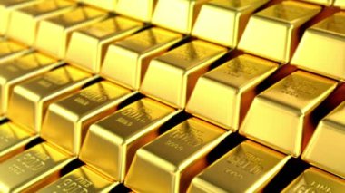 Altın külçeli 3d animasyon yığını, metal altınlar konsepti arka plan iş başarısı servet yatırım bankacılığı soyut finansal lüks