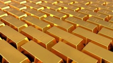 Parlak arka plan, mali yatırım ve sermaye zenginliği ve lüks konsepti üzerindeki altın külçeleri kapatın. 3D soyut arkaplan sunumu iş parası