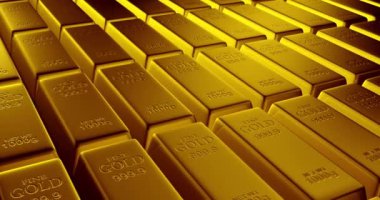 Gerçekçi altın çubukların üzerinde parlak yansımalarla hareket eden kamera. Altın yığını Kusursuz Döndürülebilir 3D animasyon.