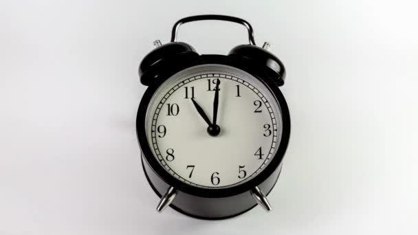Black Alarm Clock White Background Time Concept Antique Alarms Running — Stock Video