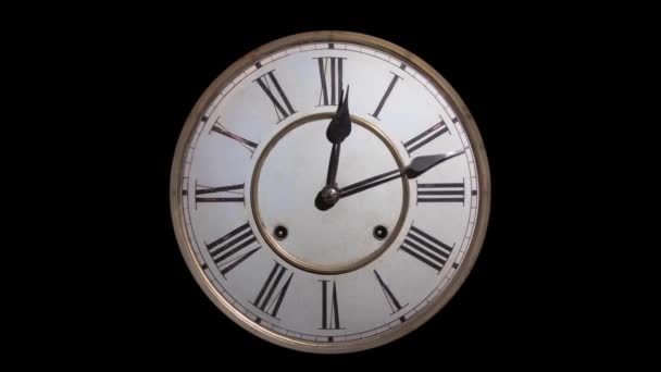 Relógio Antiquado Zoom Relógio Vintage Numerais Romanos Girando Fundo Preto — Vídeo de Stock