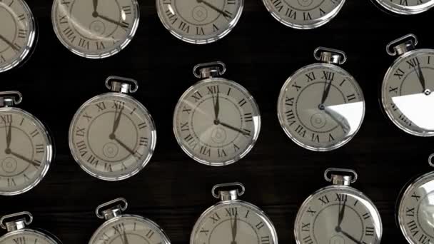 Проходит Много Круглых Часов Показывающих Одну Минуту Отсчета Времени Концепция — стоковое видео