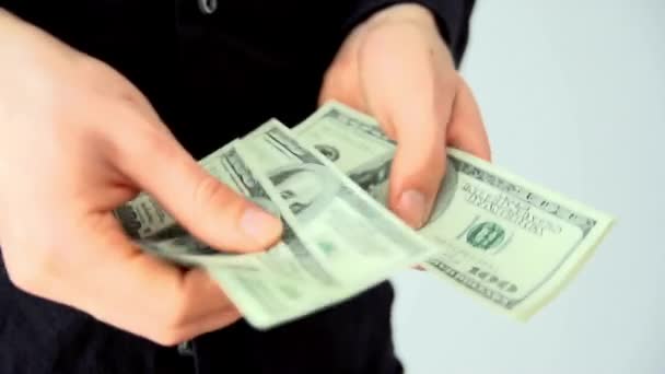 Close Man Hand Counting 100 Dollar Cash Macro Shot Male — Stockvideo