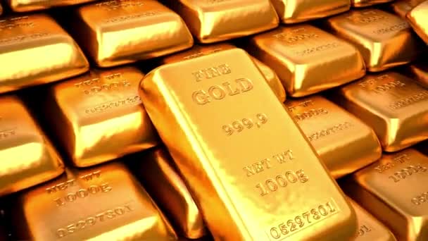 Digital Pile Goldバーまたは金融コンセプト3Dレンダリング 列に積み上げられたインゴットゴールドバー 黄金のレンガ 金の地金の棒のスタック — ストック動画