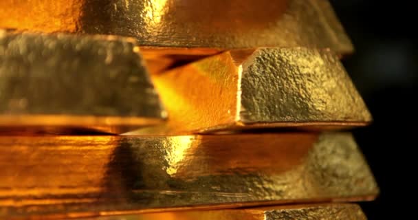 Close View Shiny Gold Bars Stacked Perfect Rows Ambient Light — Stock Video