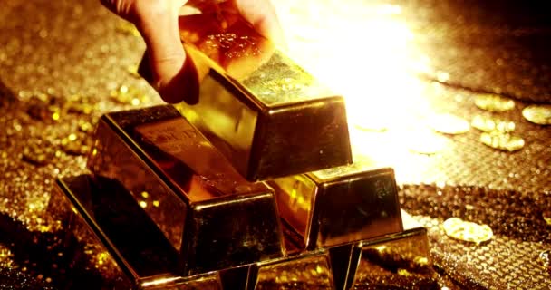 Close View Shiny Gold Bars Stacked Perfect Rows Ambient Light — Stock Video