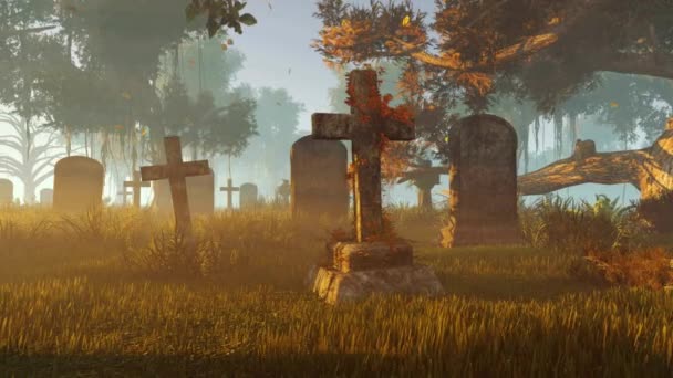 Каменный Крест Надгробия Старой Могилы Могила Именем Страшно Сцена Смерти — стоковое видео
